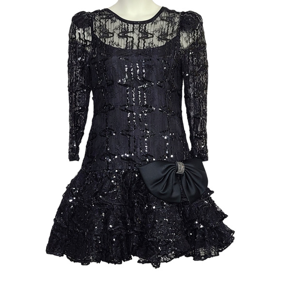 Saks Fifth Avenue Vintage Prom Dress 80s 12 Ruffle Layered Sequin Whimsygoth - Picture 1 of 6